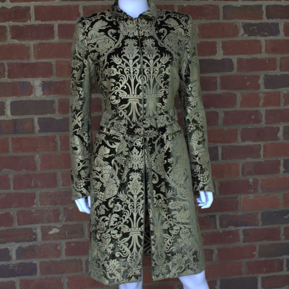 NWT RARE Vintage Roberto Cavalli Velvet Metallic Gold Painted Belted Coat It 42